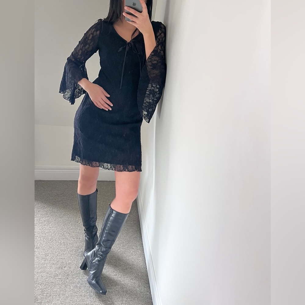 Vintage Black Lace Bell Sleeve whimsigoth Dress m